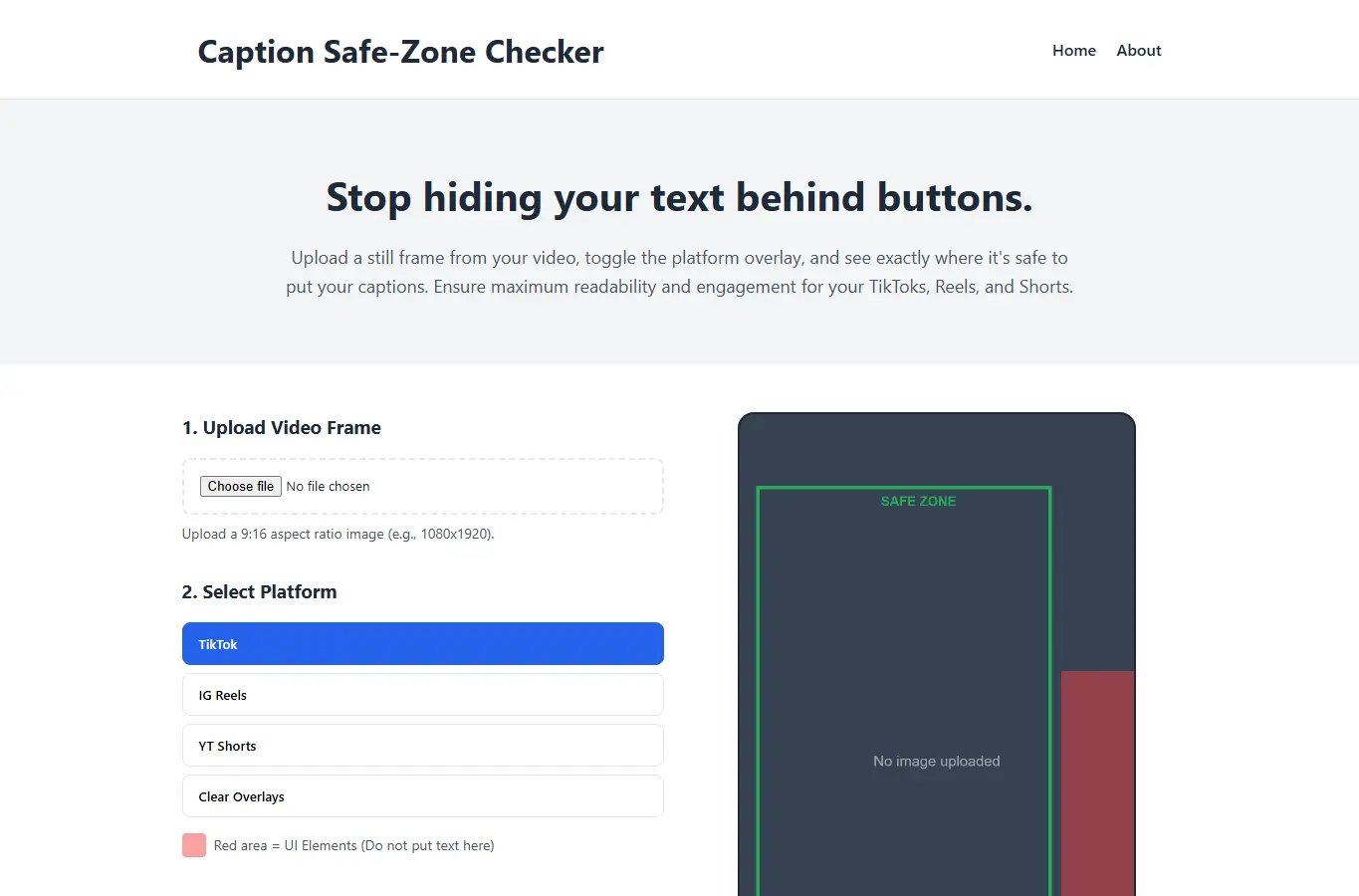 Screenshot of Caption Safe-Zone Checker interface showing the project page in use